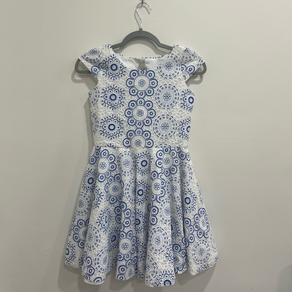 COPY - White and Blue Knee Length Dress with Keyhole Back